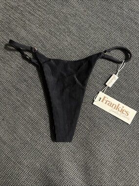 Frankies Bikinis Black Ribbed Thong Bottom